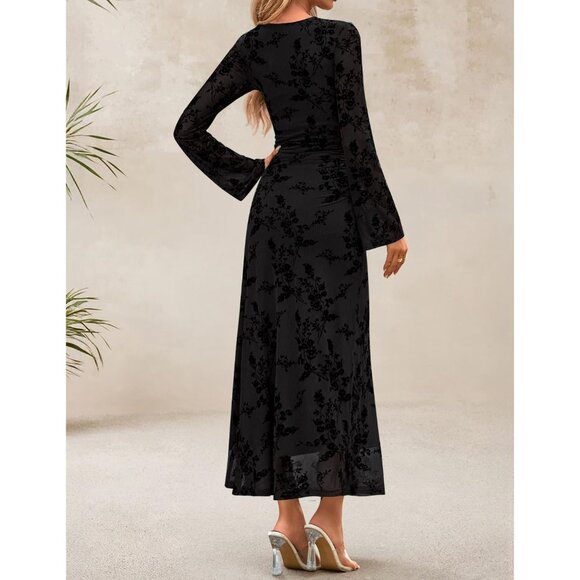 Zesica Women's Black Yellow Ruched Mesh Long Sleeve Floral Bodycon Dress - Picture 4 of 6